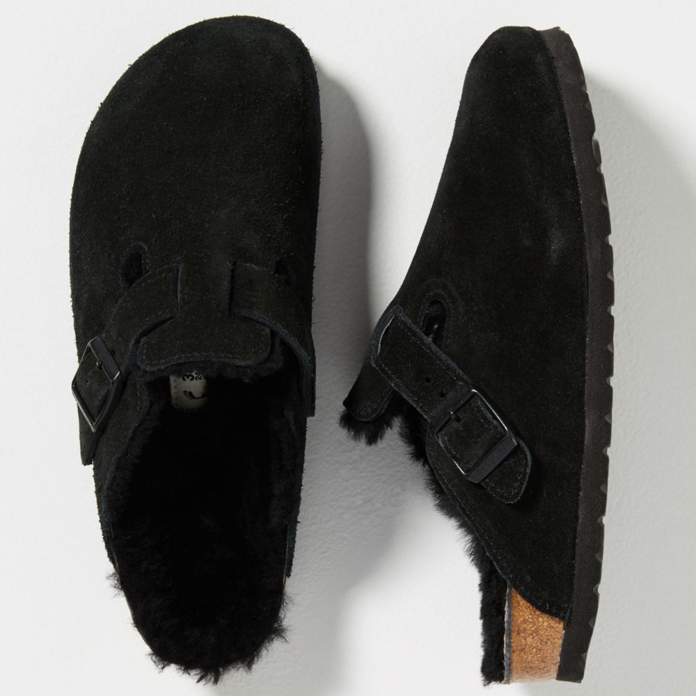 Birkenstock Black Suede Shearling Boston Clogs